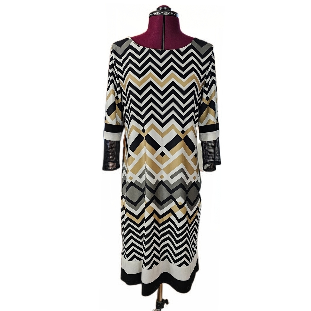 Karin Stevens Black White Tan Chevron Zig Zsg Sheath Dress Long Sleeve
